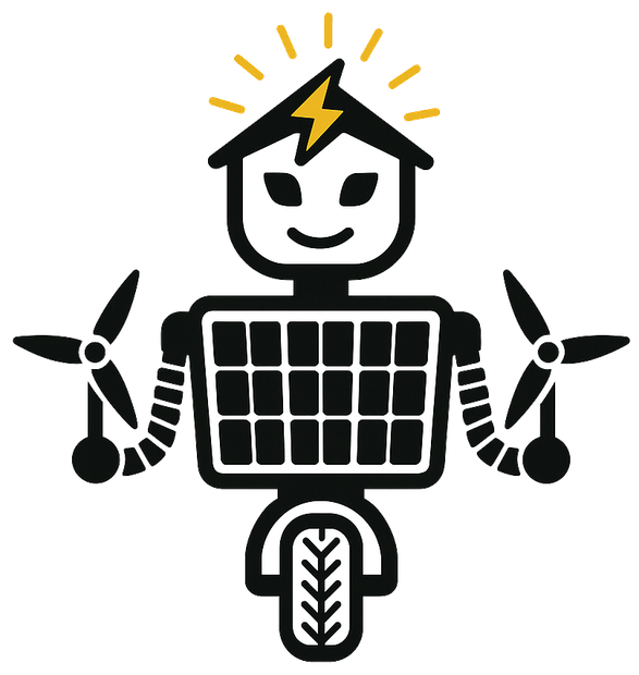 The 25 Tera Watts mascot: a robot with a house-shaped head, a solar-panel body and wind-turbine hands